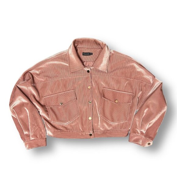 PrettyLittleThing 12 Pink Corduroy Cropped Snap Jacket Oversized Fall Y2K Boho - Picture 2 of 10